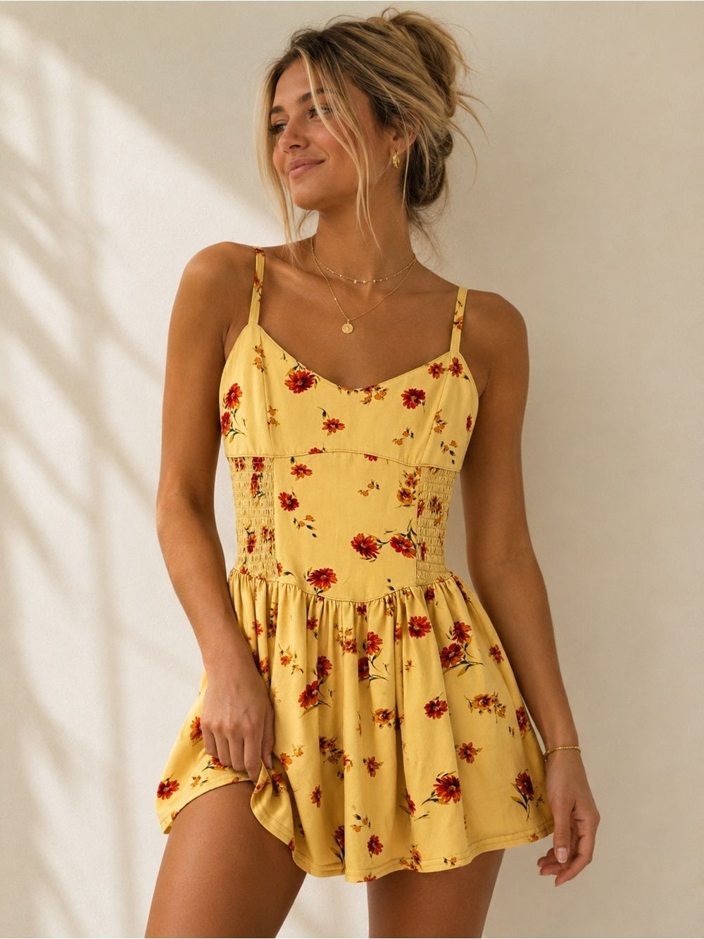 Urban Outfitters Yellow Floral Smocked Romper Dress XS Cottagecore Mini Summer